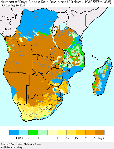 Southern Africa Number of Days Since a Rain Day in past 30 days (USAF 557th WW) Thematic Map For 8/6/2023 - 8/10/2023