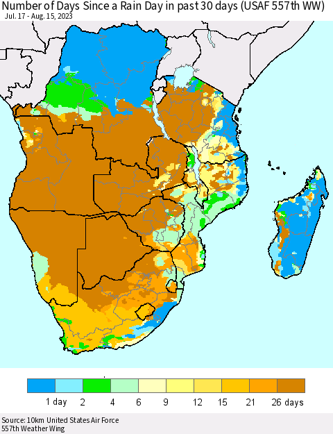 Southern Africa Number of Days Since a Rain Day in past 30 days (USAF 557th WW) Thematic Map For 8/11/2023 - 8/15/2023