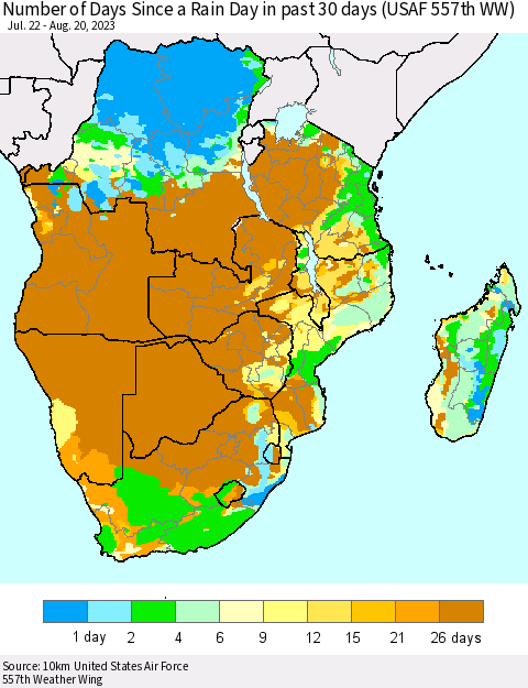 Southern Africa Number of Days Since a Rain Day in past 30 days (USAF 557th WW) Thematic Map For 8/16/2023 - 8/20/2023