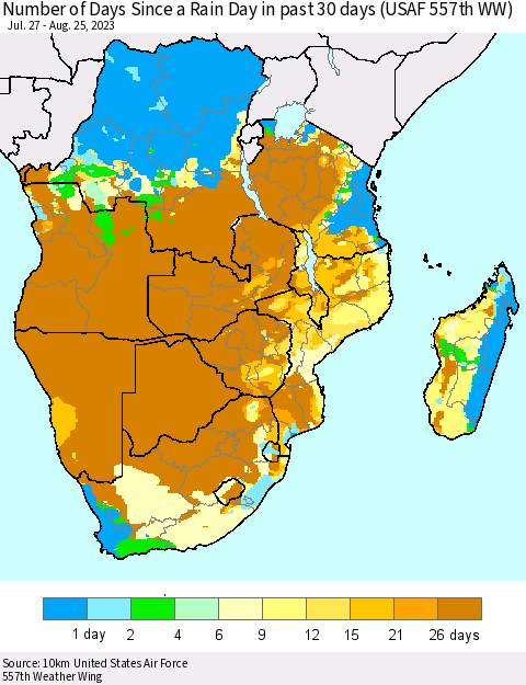 Southern Africa Number of Days Since a Rain Day in past 30 days (USAF 557th WW) Thematic Map For 8/21/2023 - 8/25/2023