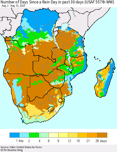 Southern Africa Number of Days Since a Rain Day in past 30 days (USAF 557th WW) Thematic Map For 8/26/2023 - 8/31/2023