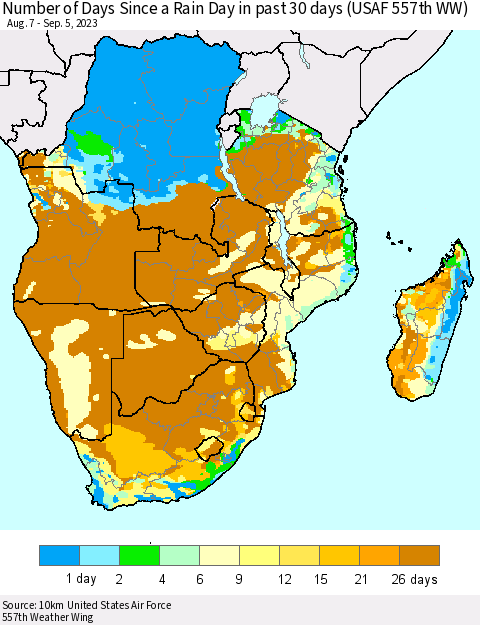 Southern Africa Number of Days Since a Rain Day in past 30 days (USAF 557th WW) Thematic Map For 9/1/2023 - 9/5/2023