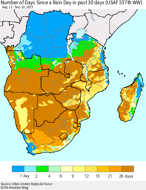 Southern Africa Number of Days Since a Rain Day in past 30 days (USAF 557th WW) Thematic Map For 9/6/2023 - 9/10/2023