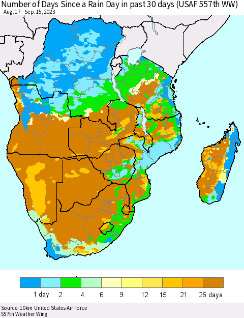 Southern Africa Number of Days Since a Rain Day in past 30 days (USAF 557th WW) Thematic Map For 9/11/2023 - 9/15/2023