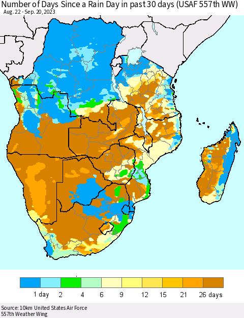 Southern Africa Number of Days Since a Rain Day in past 30 days (USAF 557th WW) Thematic Map For 9/16/2023 - 9/20/2023