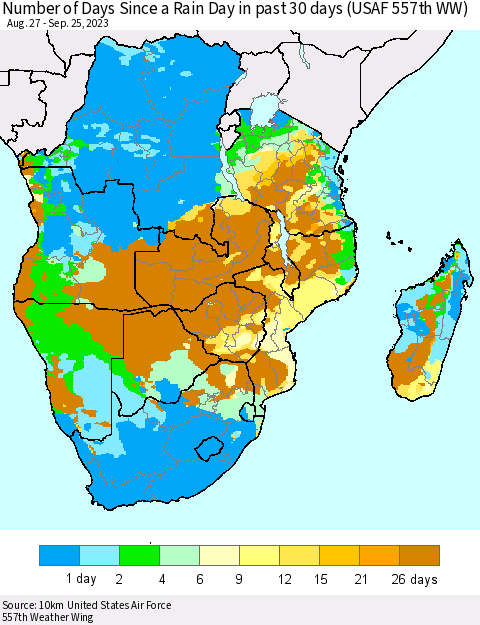 Southern Africa Number of Days Since a Rain Day in past 30 days (USAF 557th WW) Thematic Map For 9/21/2023 - 9/25/2023