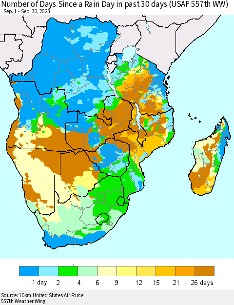 Southern Africa Number of Days Since a Rain Day in past 30 days (USAF 557th WW) Thematic Map For 9/26/2023 - 9/30/2023