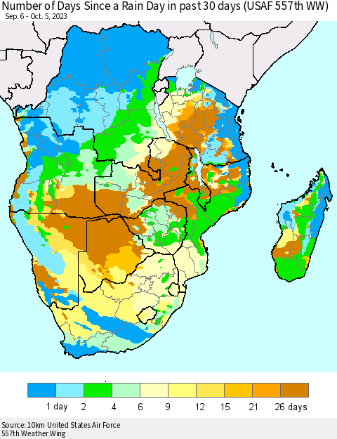 Southern Africa Number of Days Since a Rain Day in past 30 days (USAF 557th WW) Thematic Map For 10/1/2023 - 10/5/2023