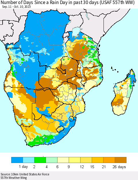 Southern Africa Number of Days Since a Rain Day in past 30 days (USAF 557th WW) Thematic Map For 10/6/2023 - 10/10/2023