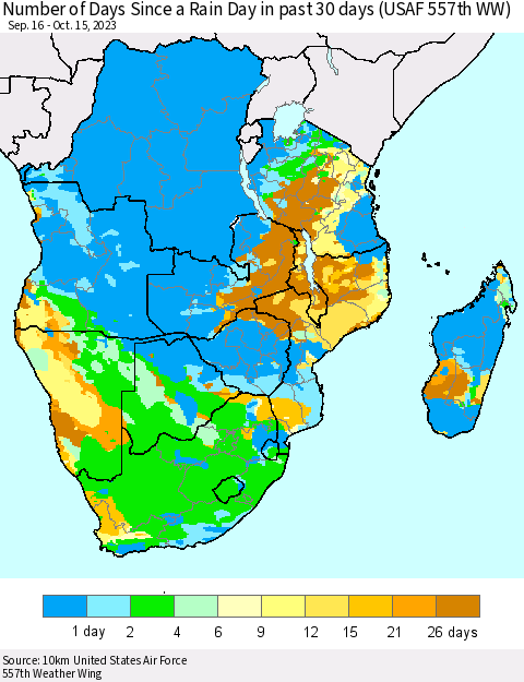 Southern Africa Number of Days Since a Rain Day in past 30 days (USAF 557th WW) Thematic Map For 10/11/2023 - 10/15/2023