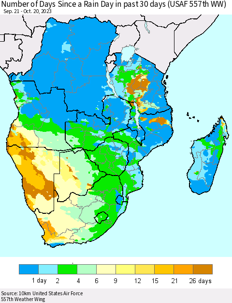 Southern Africa Number of Days Since a Rain Day in past 30 days (USAF 557th WW) Thematic Map For 10/16/2023 - 10/20/2023
