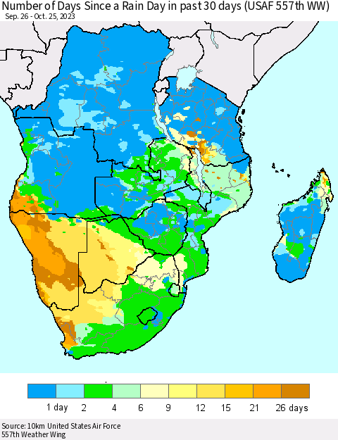 Southern Africa Number of Days Since a Rain Day in past 30 days (USAF 557th WW) Thematic Map For 10/21/2023 - 10/25/2023