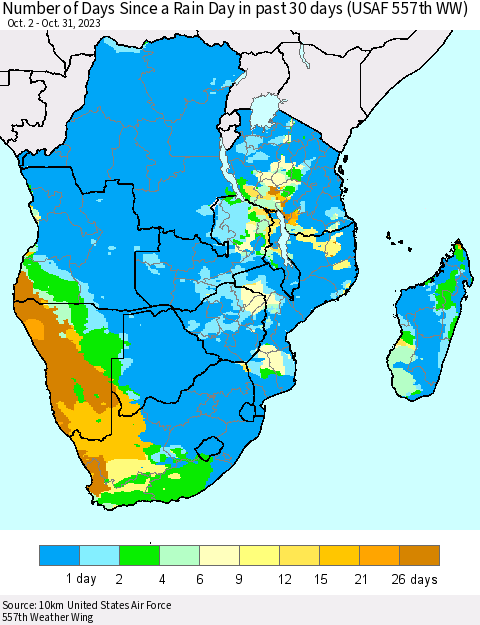Southern Africa Number of Days Since a Rain Day in past 30 days (USAF 557th WW) Thematic Map For 10/26/2023 - 10/31/2023