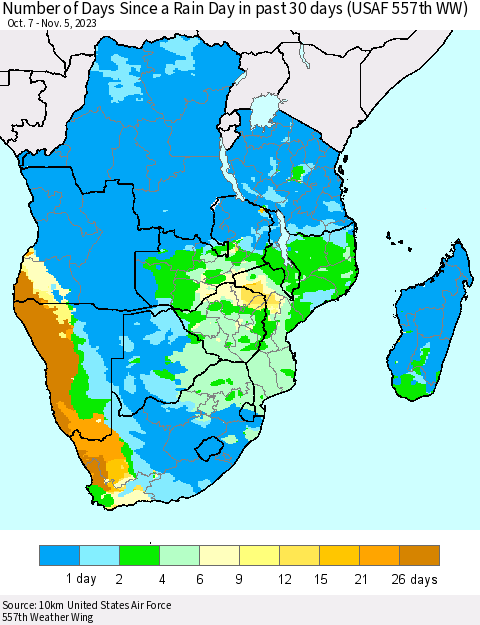 Southern Africa Number of Days Since a Rain Day in past 30 days (USAF 557th WW) Thematic Map For 11/1/2023 - 11/5/2023