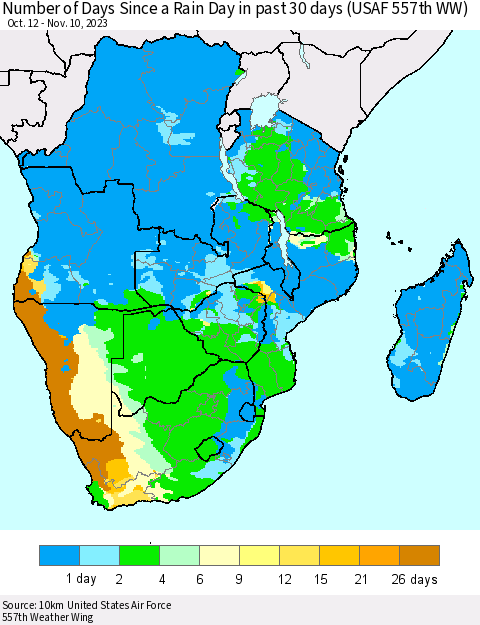 Southern Africa Number of Days Since a Rain Day in past 30 days (USAF 557th WW) Thematic Map For 11/6/2023 - 11/10/2023