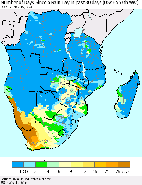 Southern Africa Number of Days Since a Rain Day in past 30 days (USAF 557th WW) Thematic Map For 11/11/2023 - 11/15/2023
