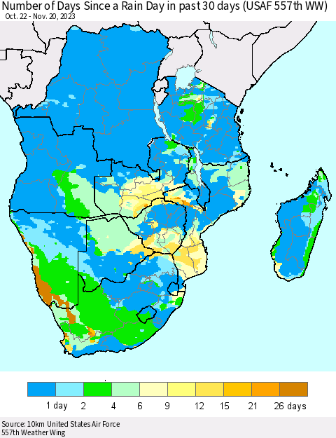 Southern Africa Number of Days Since a Rain Day in past 30 days (USAF 557th WW) Thematic Map For 11/16/2023 - 11/20/2023