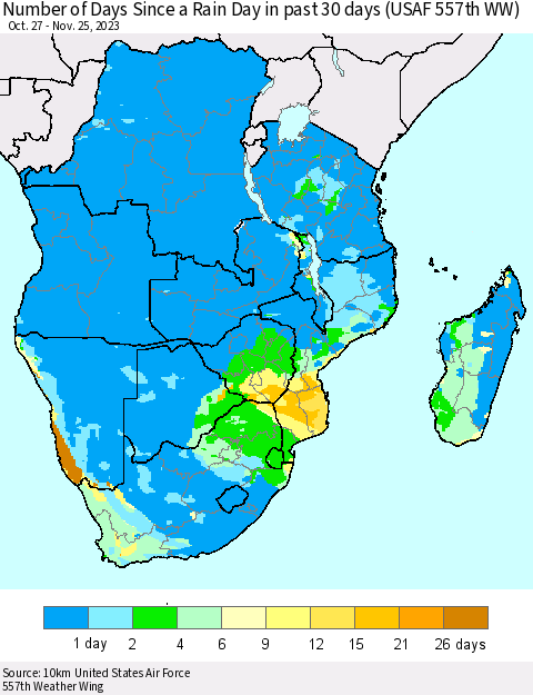 Southern Africa Number of Days Since a Rain Day in past 30 days (USAF 557th WW) Thematic Map For 11/21/2023 - 11/25/2023