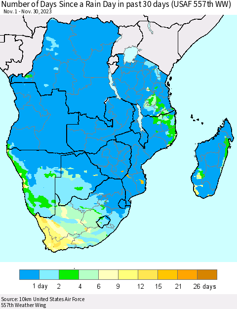 Southern Africa Number of Days Since a Rain Day in past 30 days (USAF 557th WW) Thematic Map For 11/26/2023 - 11/30/2023