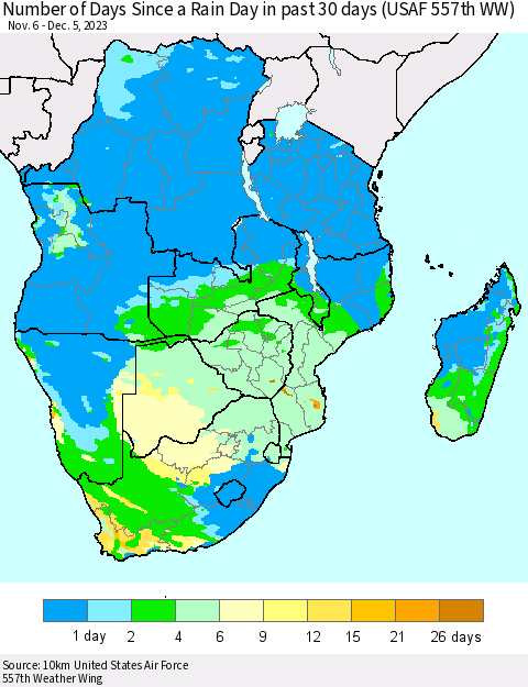 Southern Africa Number of Days Since a Rain Day in past 30 days (USAF 557th WW) Thematic Map For 12/1/2023 - 12/5/2023