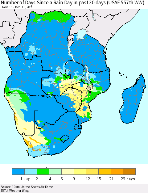 Southern Africa Number of Days Since a Rain Day in past 30 days (USAF 557th WW) Thematic Map For 12/6/2023 - 12/10/2023