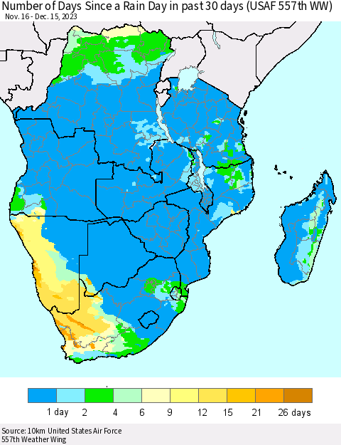 Southern Africa Number of Days Since a Rain Day in past 30 days (USAF 557th WW) Thematic Map For 12/11/2023 - 12/15/2023