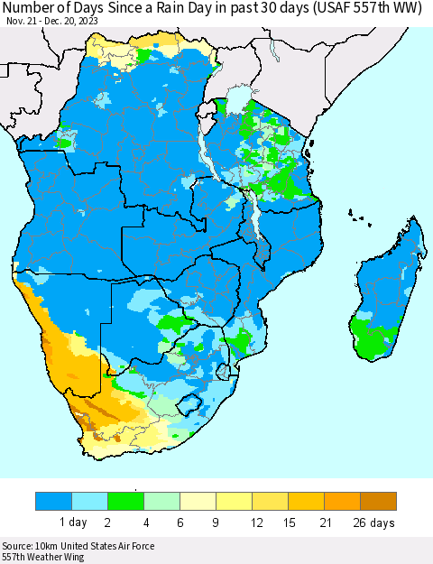 Southern Africa Number of Days Since a Rain Day in past 30 days (USAF 557th WW) Thematic Map For 12/16/2023 - 12/20/2023