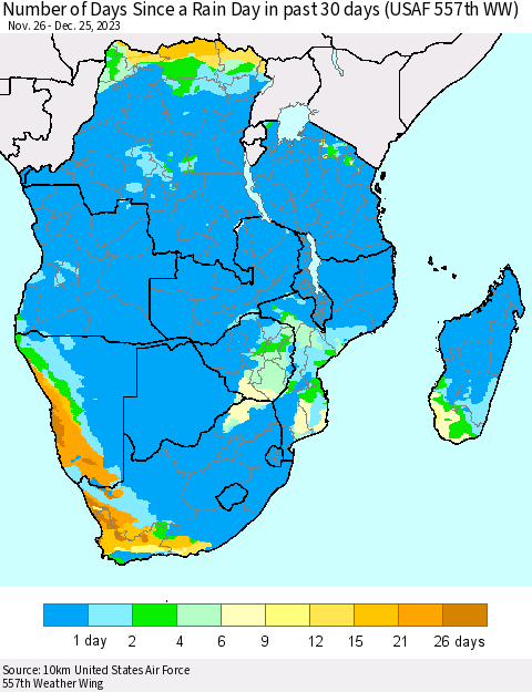 Southern Africa Number of Days Since a Rain Day in past 30 days (USAF 557th WW) Thematic Map For 12/21/2023 - 12/25/2023