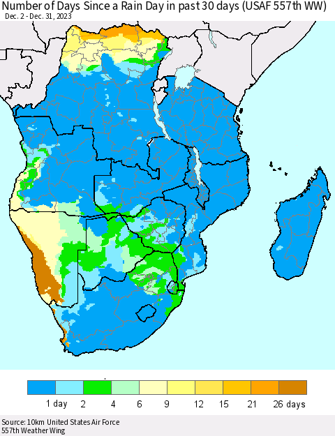 Southern Africa Number of Days Since a Rain Day in past 30 days (USAF 557th WW) Thematic Map For 12/26/2023 - 12/31/2023