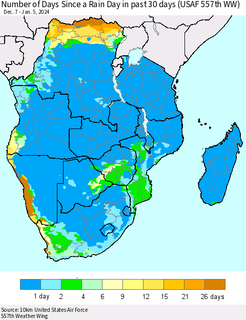 Southern Africa Number of Days Since a Rain Day in past 30 days (USAF 557th WW) Thematic Map For 1/1/2024 - 1/5/2024