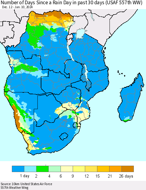 Southern Africa Number of Days Since a Rain Day in past 30 days (USAF 557th WW) Thematic Map For 1/6/2024 - 1/10/2024