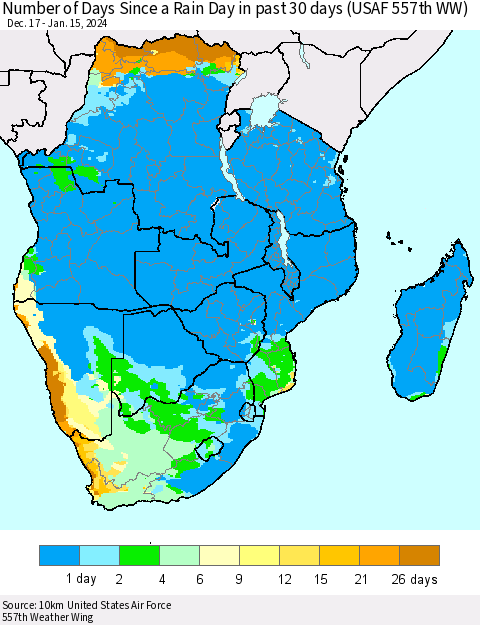 Southern Africa Number of Days Since a Rain Day in past 30 days (USAF 557th WW) Thematic Map For 1/11/2024 - 1/15/2024