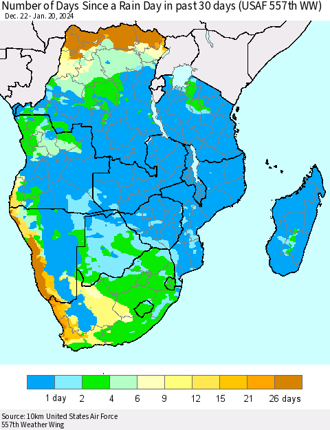 Southern Africa Number of Days Since a Rain Day in past 30 days (USAF 557th WW) Thematic Map For 1/16/2024 - 1/20/2024