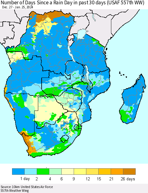 Southern Africa Number of Days Since a Rain Day in past 30 days (USAF 557th WW) Thematic Map For 1/21/2024 - 1/25/2024