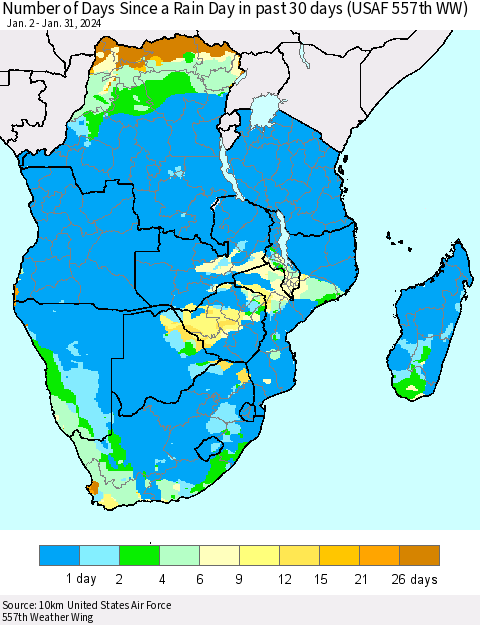 Southern Africa Number of Days Since a Rain Day in past 30 days (USAF 557th WW) Thematic Map For 1/26/2024 - 1/31/2024