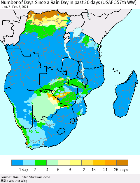 Southern Africa Number of Days Since a Rain Day in past 30 days (USAF 557th WW) Thematic Map For 2/1/2024 - 2/5/2024