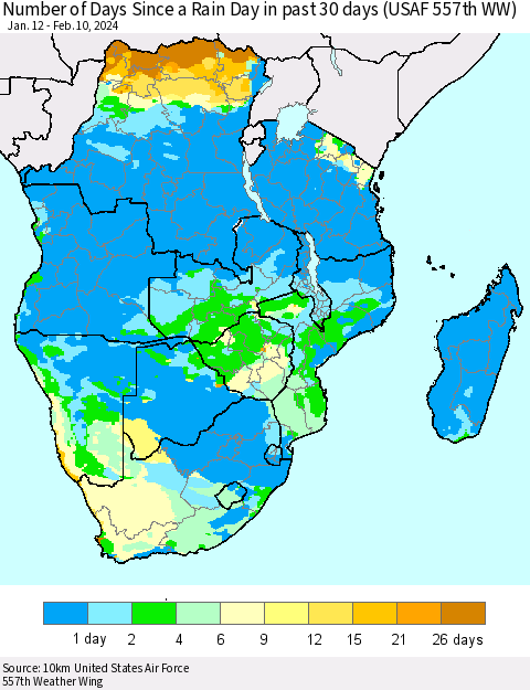 Southern Africa Number of Days Since a Rain Day in past 30 days (USAF 557th WW) Thematic Map For 2/6/2024 - 2/10/2024