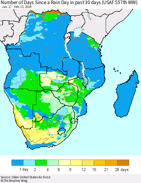 Southern Africa Number of Days Since a Rain Day in past 30 days (USAF 557th WW) Thematic Map For 2/11/2024 - 2/15/2024