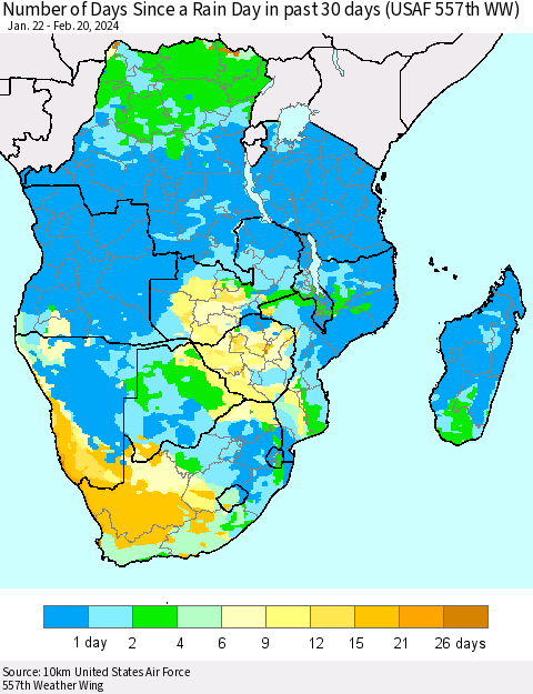 Southern Africa Number of Days Since a Rain Day in past 30 days (USAF 557th WW) Thematic Map For 2/16/2024 - 2/20/2024