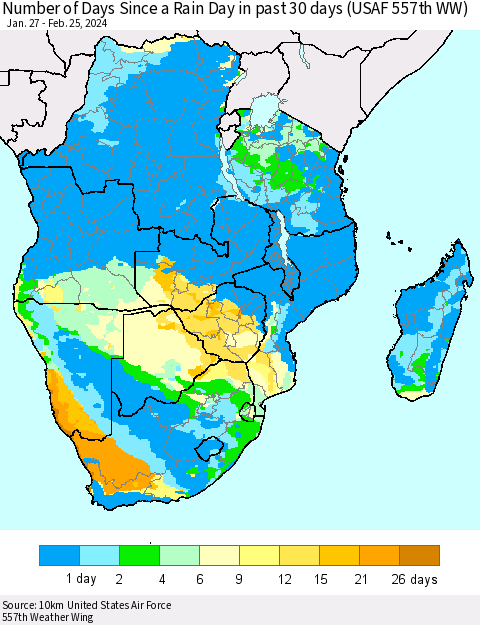 Southern Africa Number of Days Since a Rain Day in past 30 days (USAF 557th WW) Thematic Map For 2/21/2024 - 2/25/2024