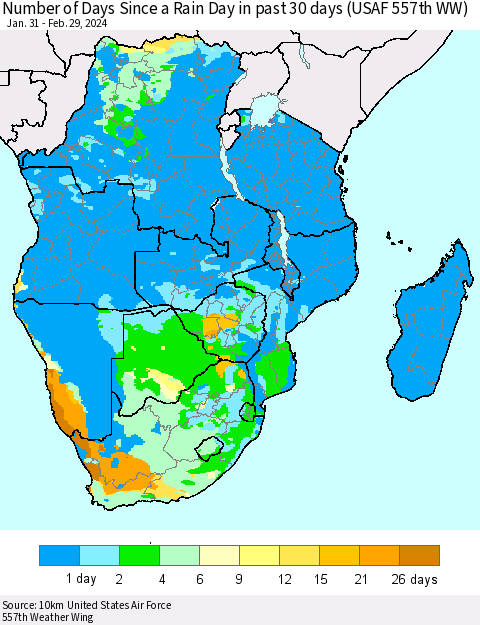 Southern Africa Number of Days Since a Rain Day in past 30 days (USAF 557th WW) Thematic Map For 2/26/2024 - 2/29/2024