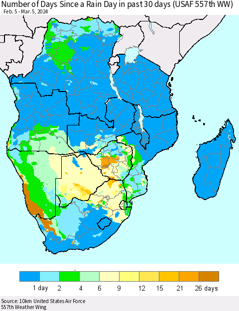 Southern Africa Number of Days Since a Rain Day in past 30 days (USAF 557th WW) Thematic Map For 3/1/2024 - 3/5/2024