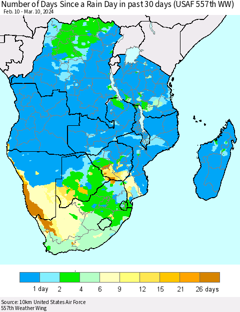 Southern Africa Number of Days Since a Rain Day in past 30 days (USAF 557th WW) Thematic Map For 3/6/2024 - 3/10/2024
