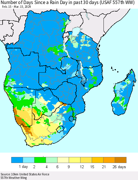 Southern Africa Number of Days Since a Rain Day in past 30 days (USAF 557th WW) Thematic Map For 3/11/2024 - 3/15/2024
