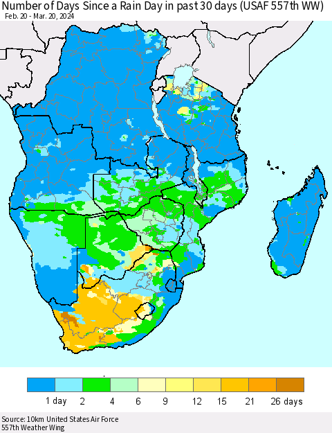 Southern Africa Number of Days Since a Rain Day in past 30 days (USAF 557th WW) Thematic Map For 3/16/2024 - 3/20/2024