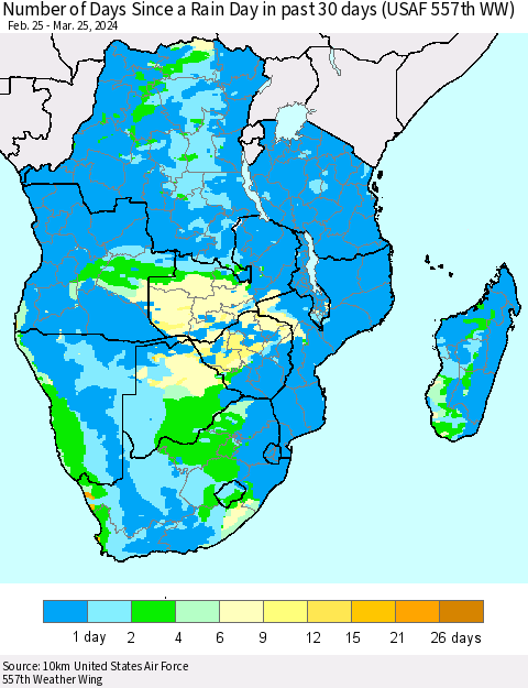 Southern Africa Number of Days Since a Rain Day in past 30 days (USAF 557th WW) Thematic Map For 3/21/2024 - 3/25/2024