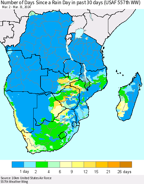 Southern Africa Number of Days Since a Rain Day in past 30 days (USAF 557th WW) Thematic Map For 3/26/2024 - 3/31/2024