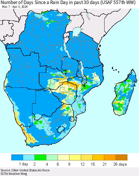Southern Africa Number of Days Since a Rain Day in past 30 days (USAF 557th WW) Thematic Map For 4/1/2024 - 4/5/2024