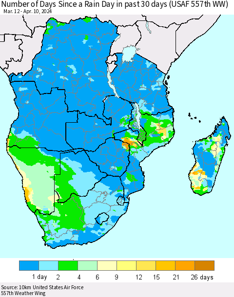 Southern Africa Number of Days Since a Rain Day in past 30 days (USAF 557th WW) Thematic Map For 4/6/2024 - 4/10/2024