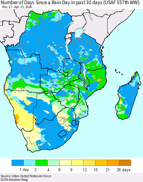 Southern Africa Number of Days Since a Rain Day in past 30 days (USAF 557th WW) Thematic Map For 4/11/2024 - 4/15/2024